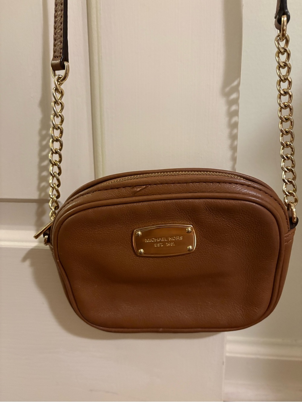 Michael Kors Tan Leather Crossbody with Gold Chain Strap
